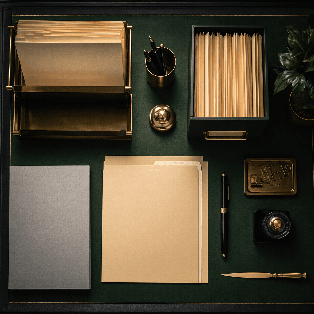 Top-down deep green desk with brass document trays, labelled folders, ink pen and archive tags
